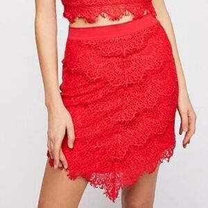 Intimately Free People Sabina Ginger Red Lace Asymmetric Hem Skirt Size XS